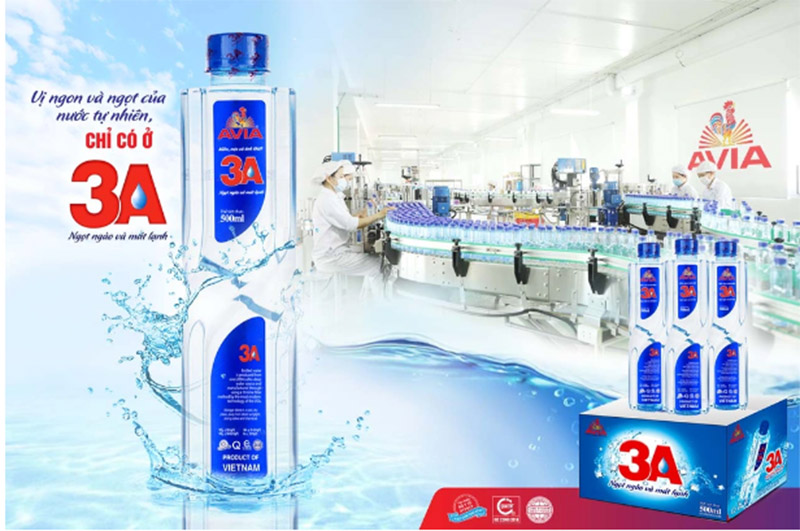 Nước tinh khiết AVIA 3A do Công ty cổ phần AVIA sản xuất với dòng chữ 